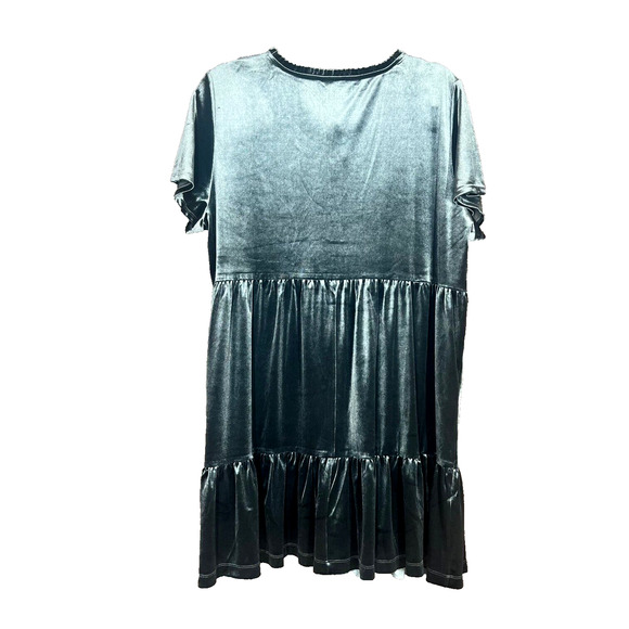 LC Lauren Conrad Velvet Babydoll Dress X-Large Teal Green Tie Ruffle Neck Tiered - Picture 8 of 9